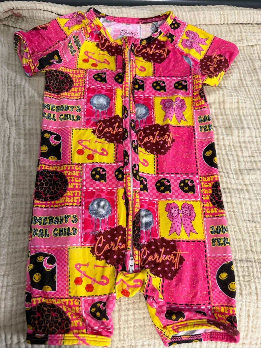 BAMBOO Pink & Yellow Patchwork Short-Sleeve Kids Pajama Romper